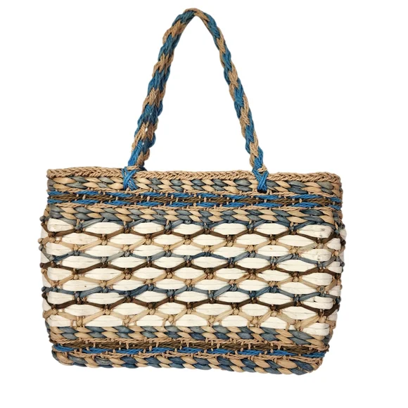 Vintage Woven Corn Husk Straw Tote Bag Purse Small Bohemian Beach Blue Braided - Picture 1 of 10